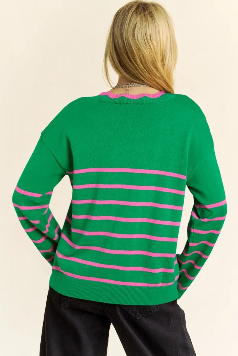 Green Stripe Ribbon Cute Bow Detail Sweater Knit Cardigan - Love Salve